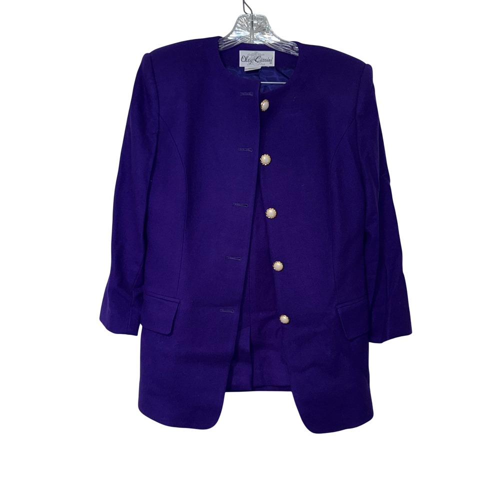 Oleg Cassini Vintage Skirt Suit Womens 10 Purple 100% Pure Wool Pearl Button
